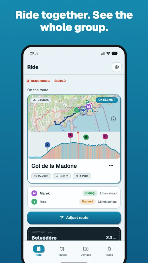 App screen headed “Ride together. See the whole group.”: the Ride view mid-ride with the group's riders on the map and their positions along the route.
