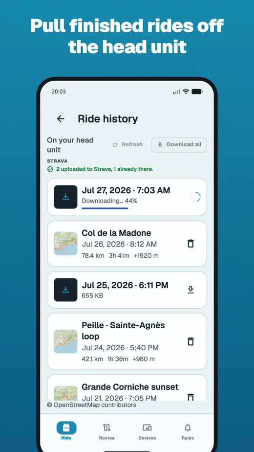 App screen headed “Pull finished rides off the head unit”: ride history mixing rides on the phone with rides still on the device, one downloading at 44 per cent, and a Strava tally reading two uploaded, one already there.