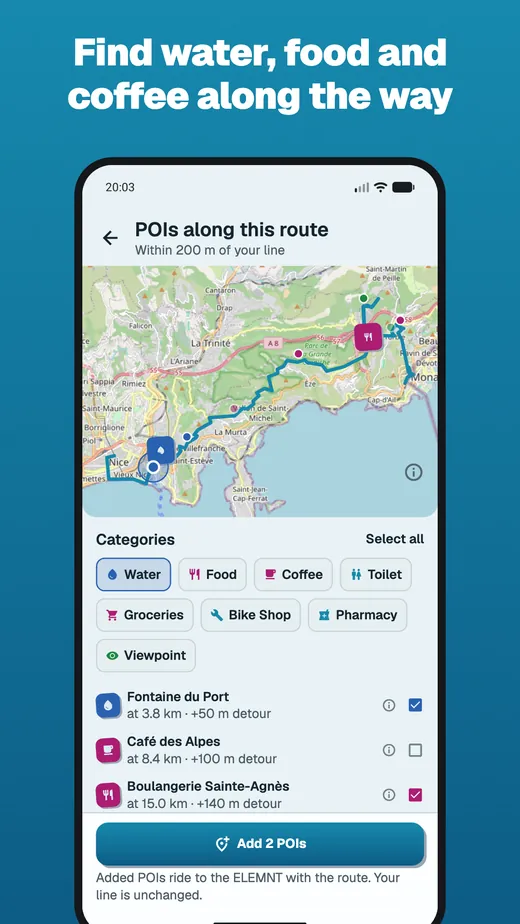 App screen headed “Find water, food and coffee along the way”: a Nice–Monaco route with category chips and found stops — Fontaine du Port at 3.8 km, Café des Alpes at 8.4 km, a bakery at 15.0 km — each with its detour, two of them ticked.