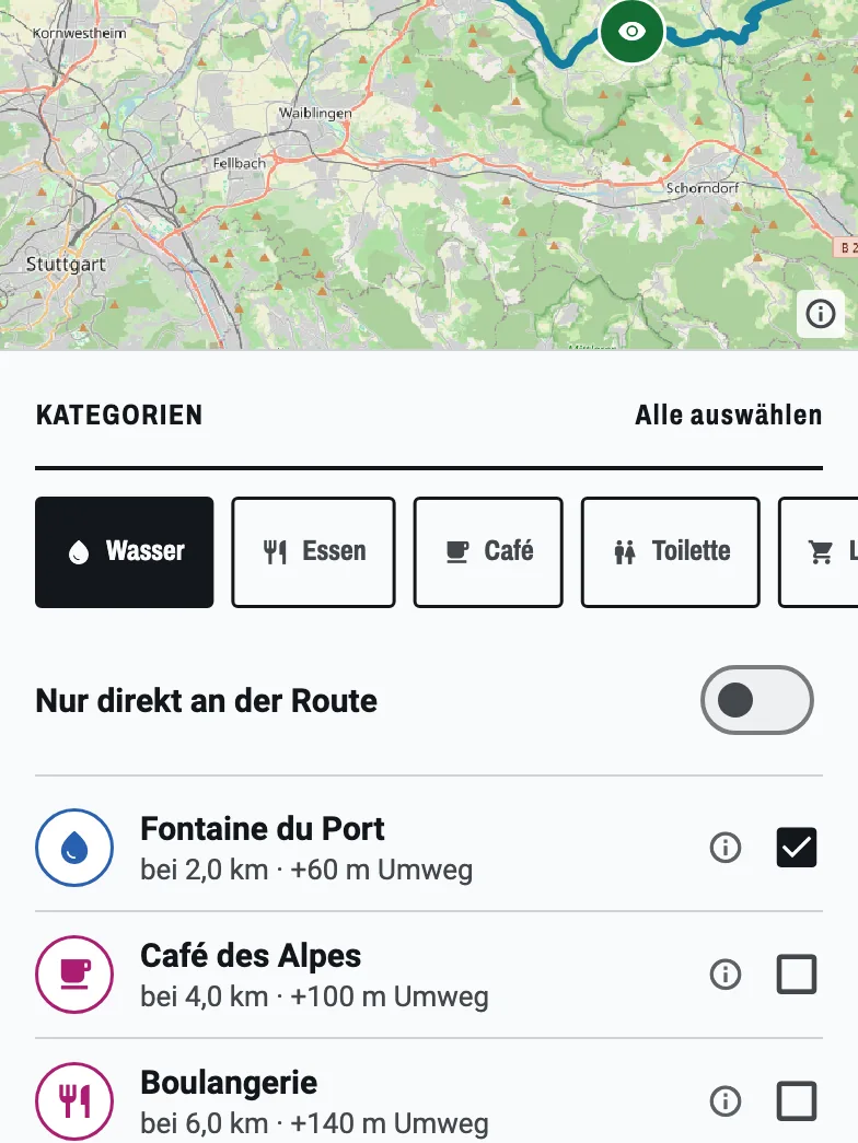 Stopps entlang der Route: die Route auf der Karte mit einem Wasserstopp und einem Aussichtspunkt, alles innerhalb von 200 m der Linie.