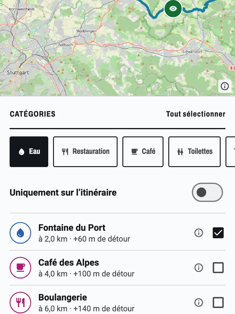 Arrêts trouvés le long du parcours : le tracé sur la carte avec un point d'eau et un point de vue, le tout à moins de 200 m de la trace.