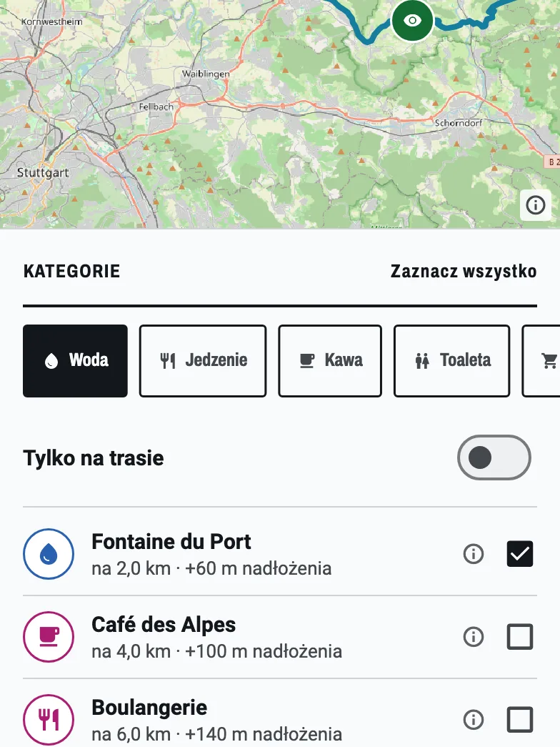 Postoje znalezione wzdłuż trasy: trasa na mapie z punktem z wodą i punktem widokowym, wszystko w promieniu 200 m od linii.