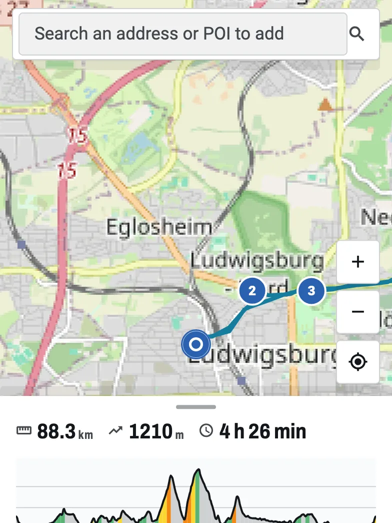 The route planner: the Ludwigsburg route with its numbered waypoints on the map, and the totals 88.3 km and 1210 m under it.