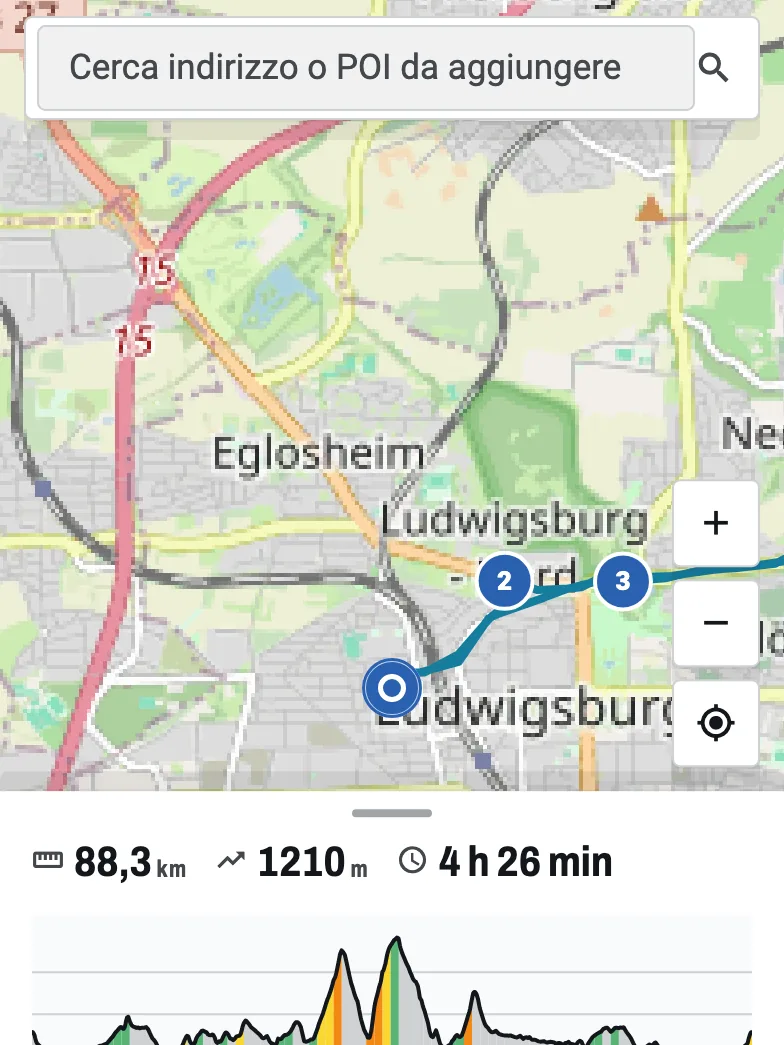 Il pianificatore: il percorso di Ludwigsburg con le tappe numerate sulla mappa e, sotto, i totali 88,3 km e 1210 m.