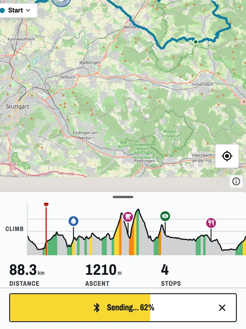 A route in BikeOtter with its climb and four stops, being sent to the head unit over Bluetooth: Sending, 62%.