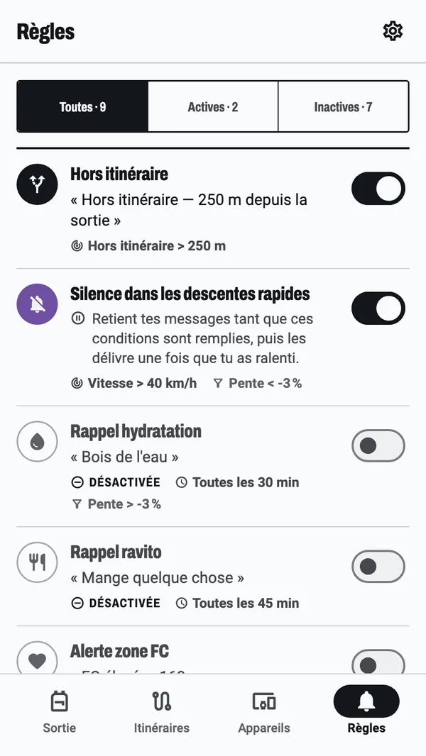 L'onglet Règles : neuf règles, deux actives, dont une alerte hors itinéraire et le silence dans les descentes rapides, chacune avec le texte qu'elle affiche sur le compteur et ce qui la déclenche.
