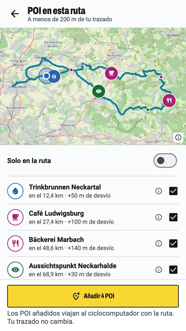 La búsqueda de paradas a lo largo de una ruta: cuatro paradas elegidas en el mapa, una fuente, un café, una panadería y un mirador, cada una con su punto en la ruta y el desvío, y un botón para añadir las cuatro.