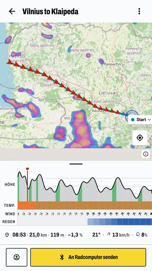 Wetter entlang einer Route durch Litauen: das Regenradar auf der Karte unter der Linie, mit den Regenbändern, die die Fahrt kreuzt, und darunter das Höhenprofil mit Temperatur, Wind und Regen.