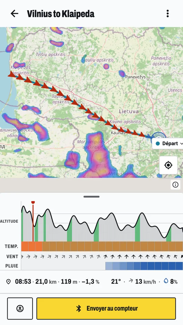 La météo le long d'un itinéraire en Lituanie : le radar de pluie dessiné sur la carte sous le tracé, avec les bandes de pluie que la sortie traverse, et dessous le profil d'altitude avec température, vent et pluie.